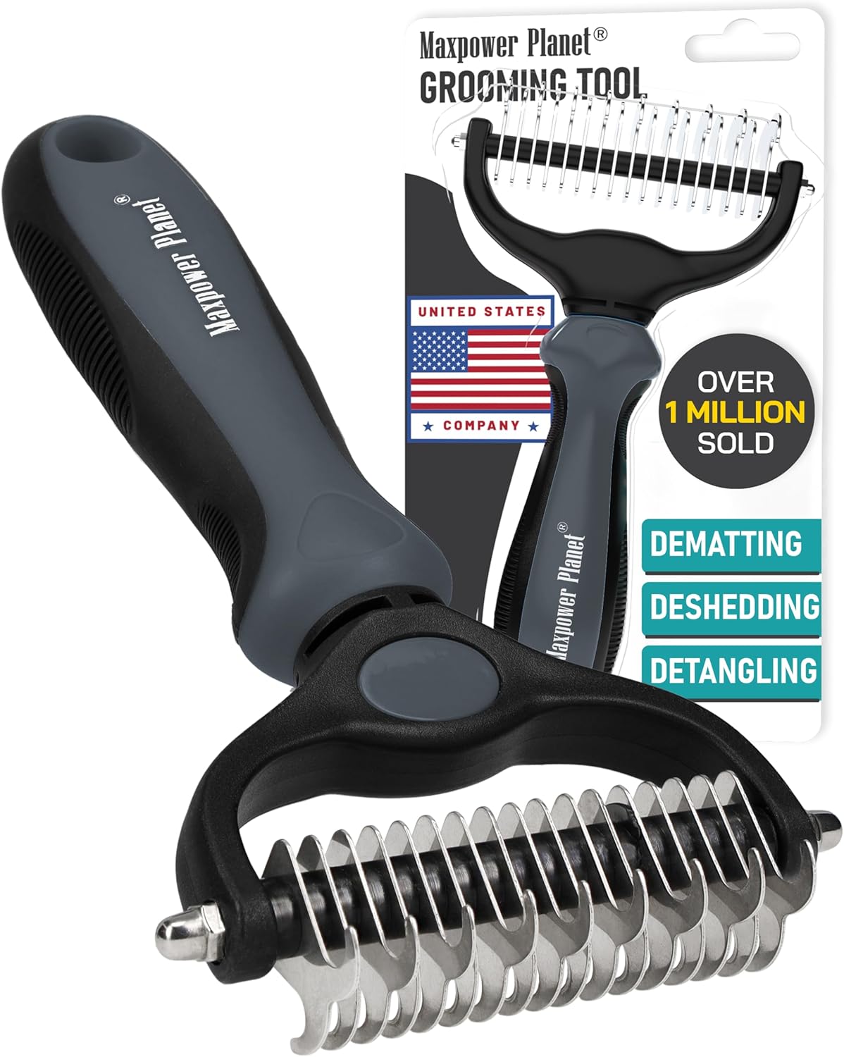 Maxpower Planet Pet Grooming Brush - Double Sided Shedding and Dematting Undercoat Rake Comb for Dogs and Cats,Extra Wide, Blue, Dog Grooming Brush, Dog Shedding Brush