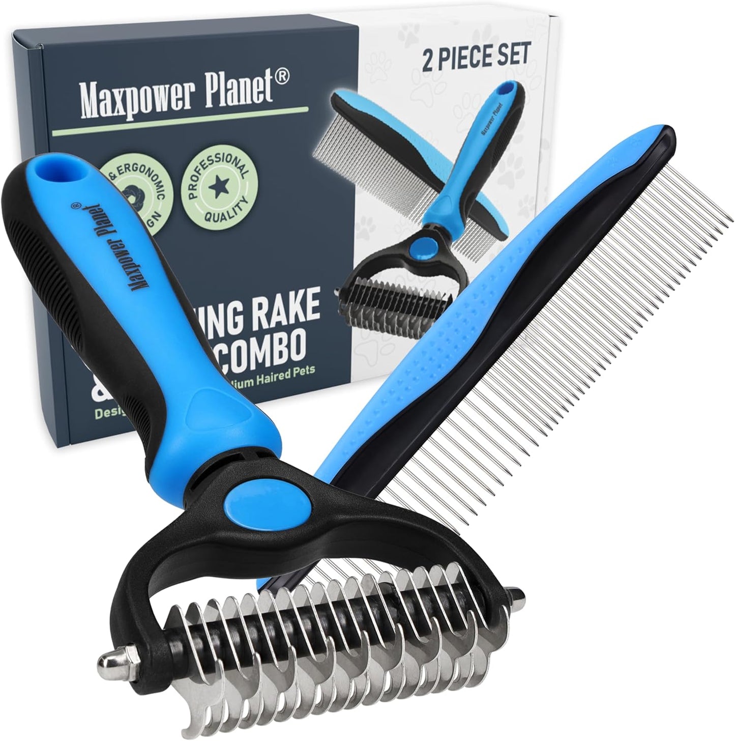 Maxpower Planet Pet Grooming Brush - Double Sided Shedding and Dematting Undercoat Rake Comb for Dogs and Cats,Extra Wide, Blue, Dog Grooming Brush, Dog Shedding Brush