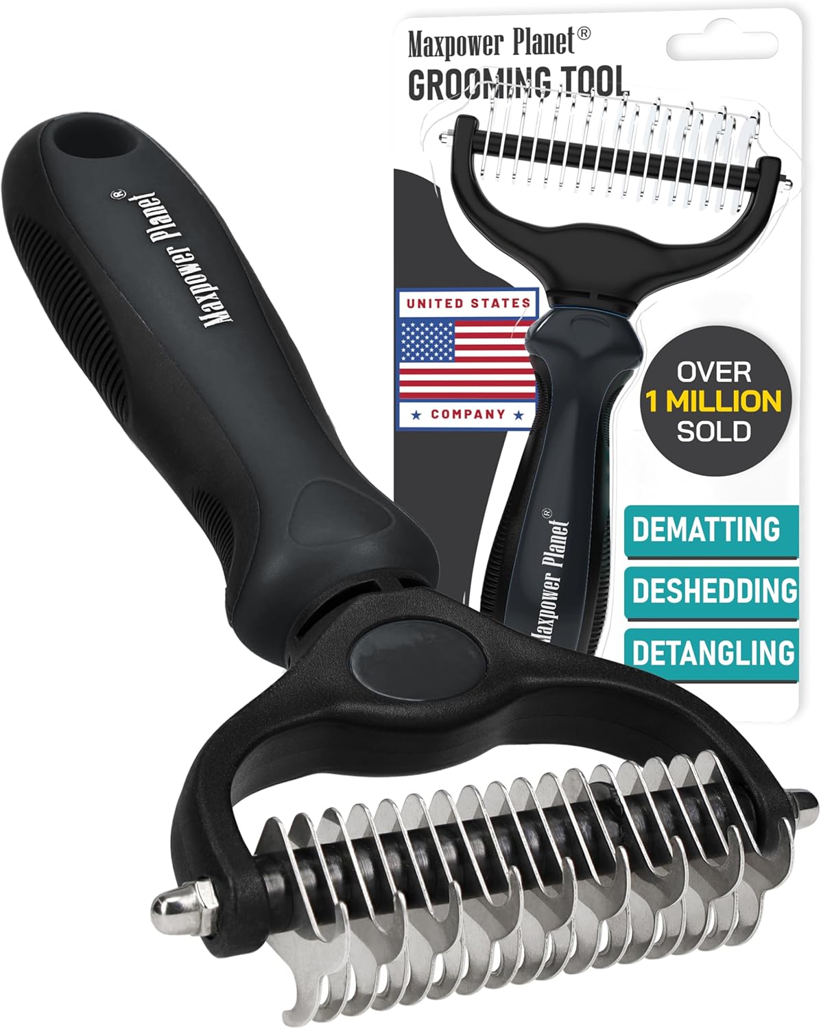 Maxpower Planet Pet Grooming Brush - Double Sided Shedding and Dematting Undercoat Rake Comb for Dogs and Cats,Extra Wide, Blue, Dog Grooming Brush, Dog Shedding Brush