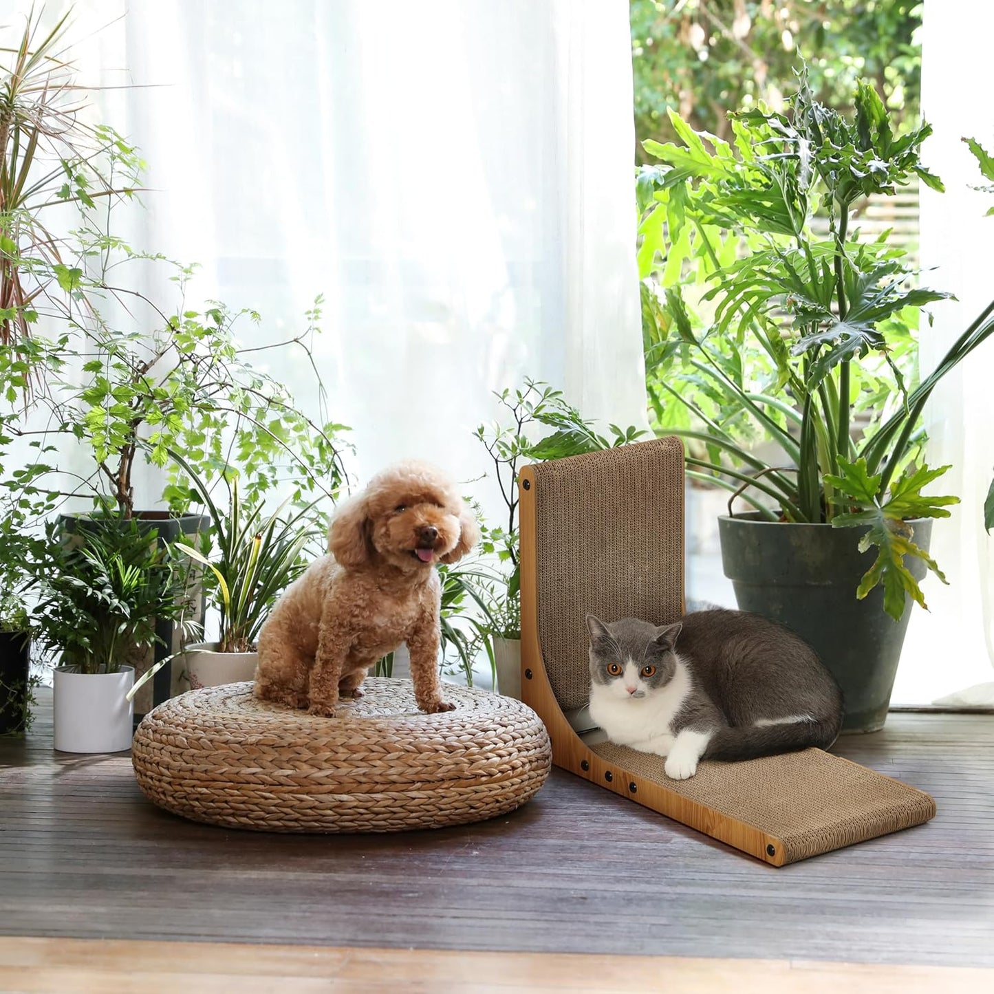 FUKUMARU Cat Scratcher, 26.8 Inch L Shape Cat Scratch Pad Wall Mounted, Cat Scratching Cardboard with Ball Toy for Indoor Cats