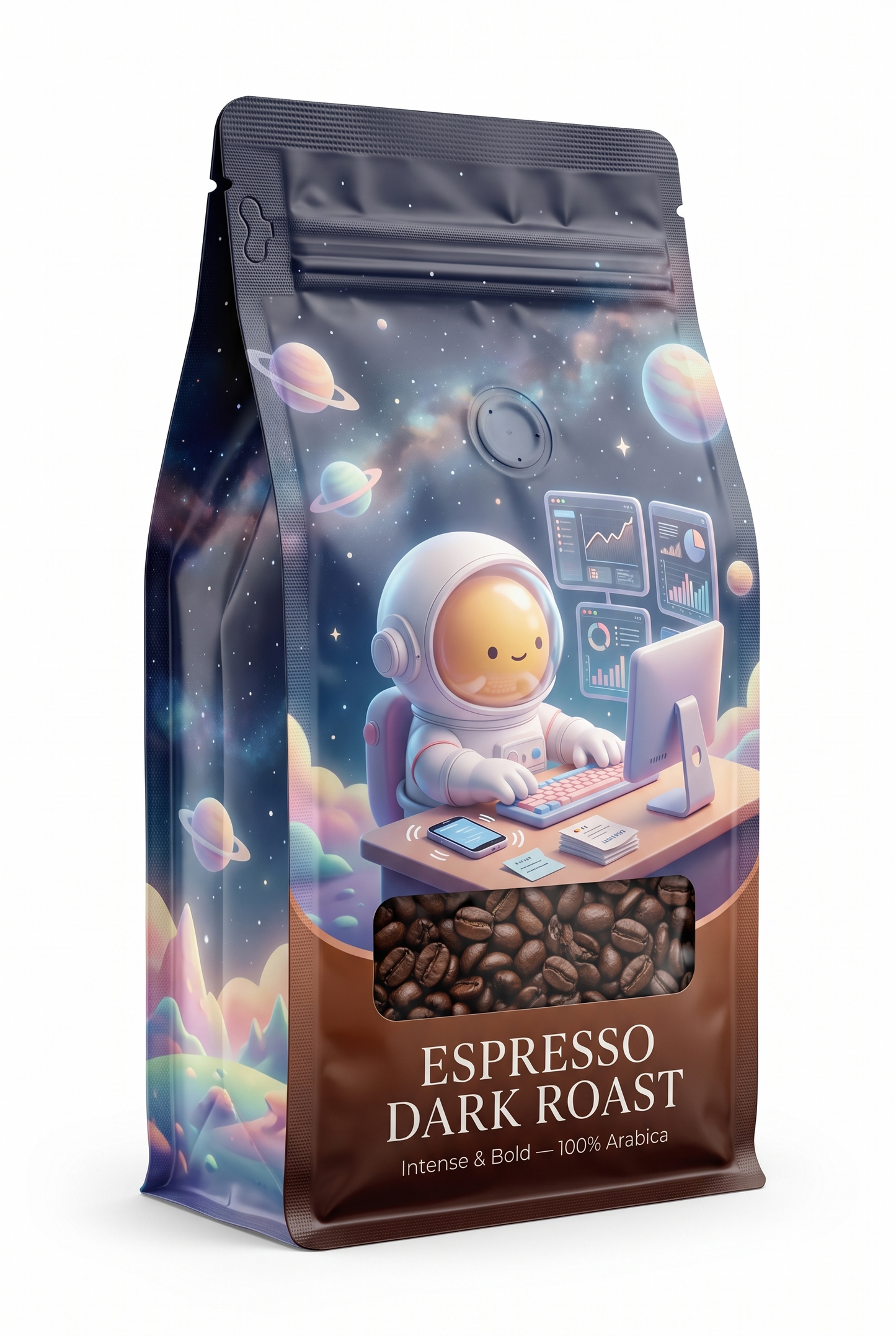 A stand-up coffee bag with a glossy space-themed illustration showing an astronaut at a desk with planets and charts in the background. The lower portion is brown with the text 'ESPRESSO DARK ROAST' and 'Intense & Bold - 100% Arabica'.