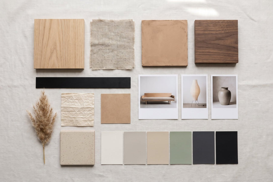 A flat-lay Japandi interior design mood board with wood, linen, plaster, paint chips and furniture photos