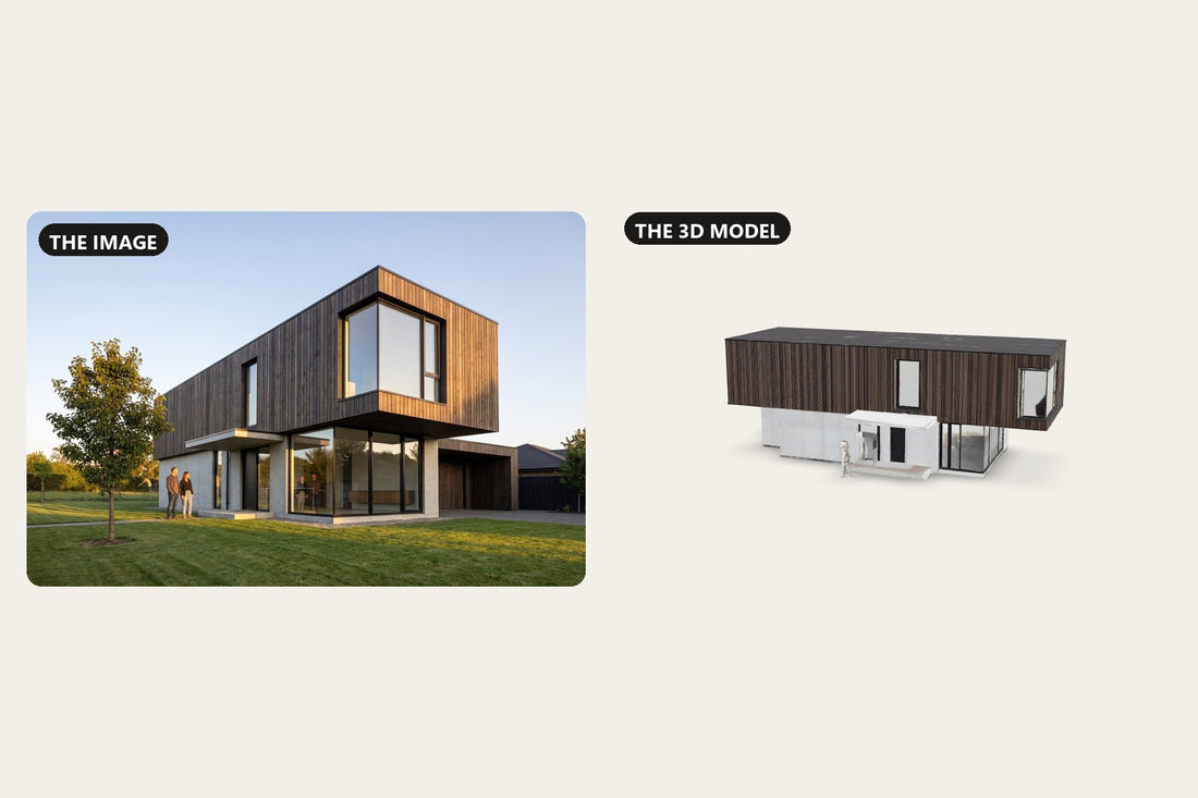 An AI render of a modern house beside the 3D model generated from it, seen from behind, where the rear facade is invented