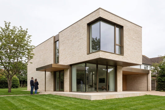 A photorealistic AI render of a modern two-storey house clad in pale brick with large bronze-framed windows