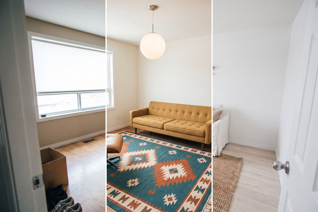 The same living room in three vertical slices: the original, a mid-century modern redesign and a coastal redesign