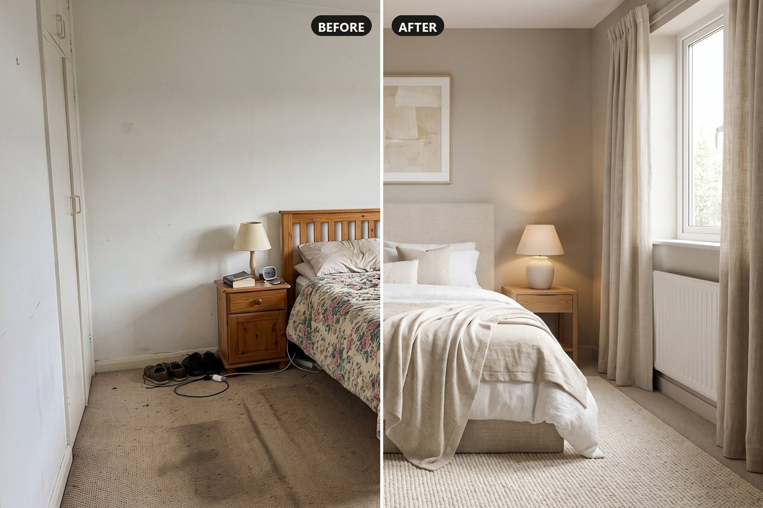 A bedroom split down the middle: the dated original on the left and the calm AI redesign on the right