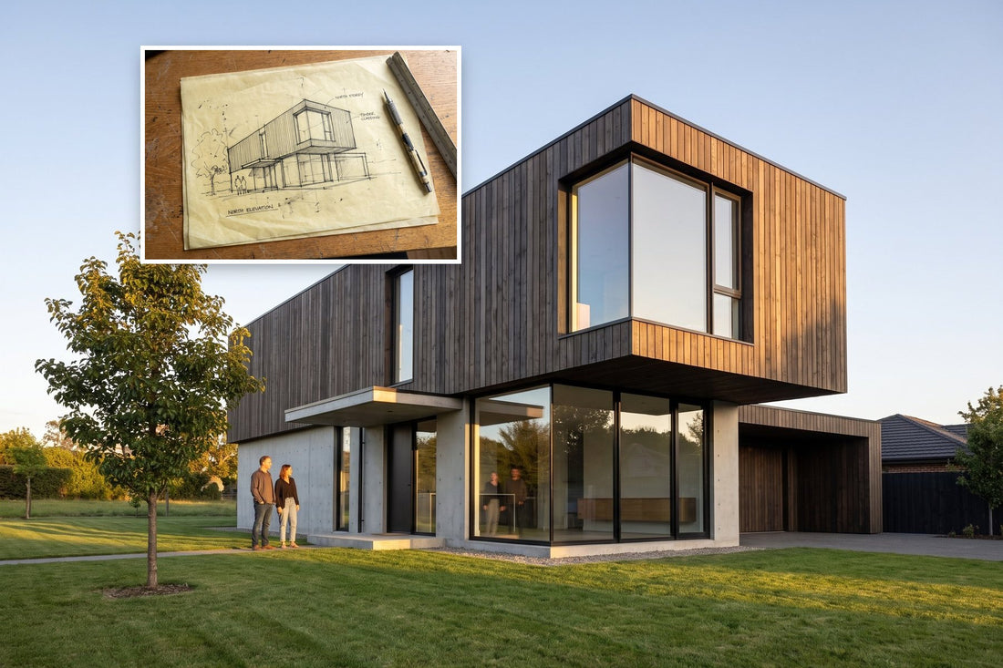A photorealistic render of a modern timber-clad house with the original hand sketch shown as an inset