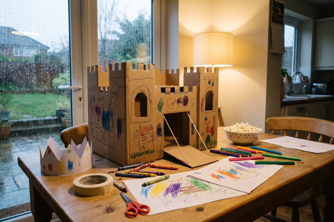 A kitchen table on a rainy day with a cardboard box castle, crayons, drawings and a paper crown