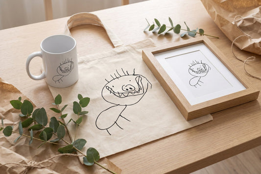 A child's drawing printed on a mug, a tote bag and a framed print on a wooden table