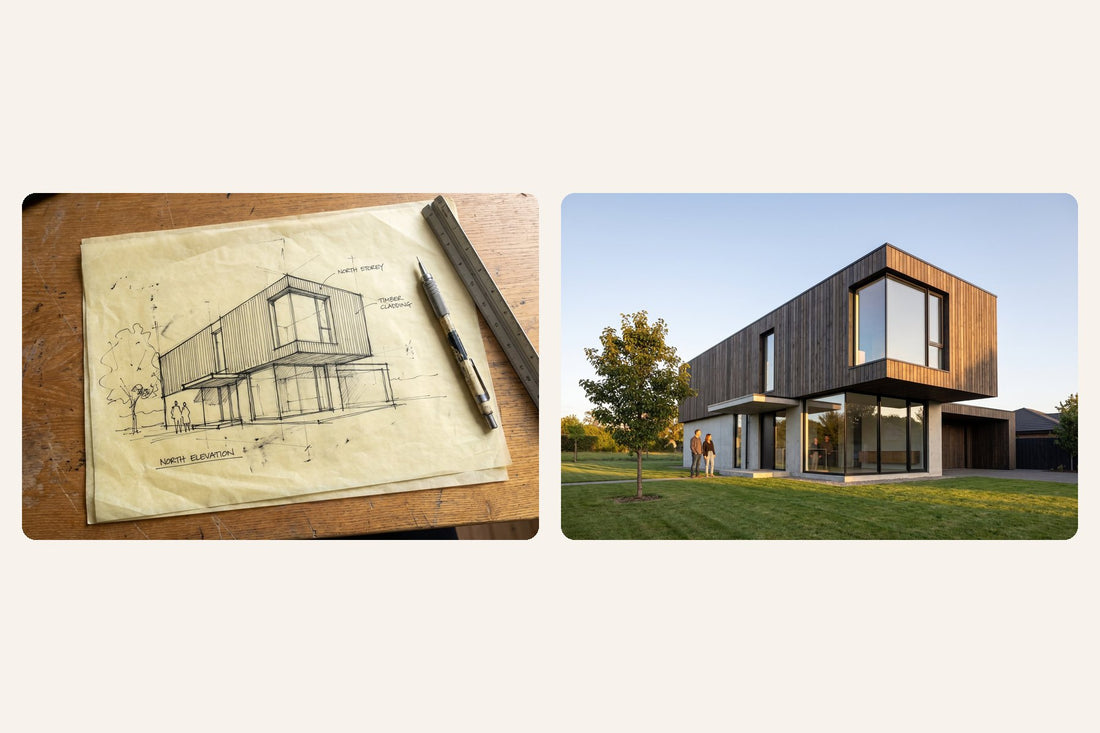 An architect's trace-paper sketch of a house next to a photorealistic render of the same house