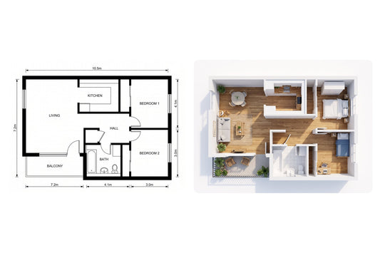 A black and white 2D apartment floor plan next to a furnished 3D top-down render of the same layout