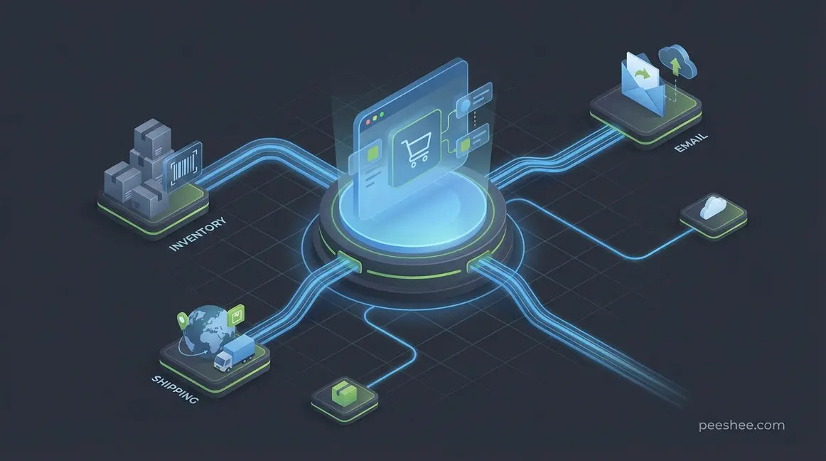 Digital ecosystem illustration showing automated data flows connecting a Shopify store to inventory and shipping modules