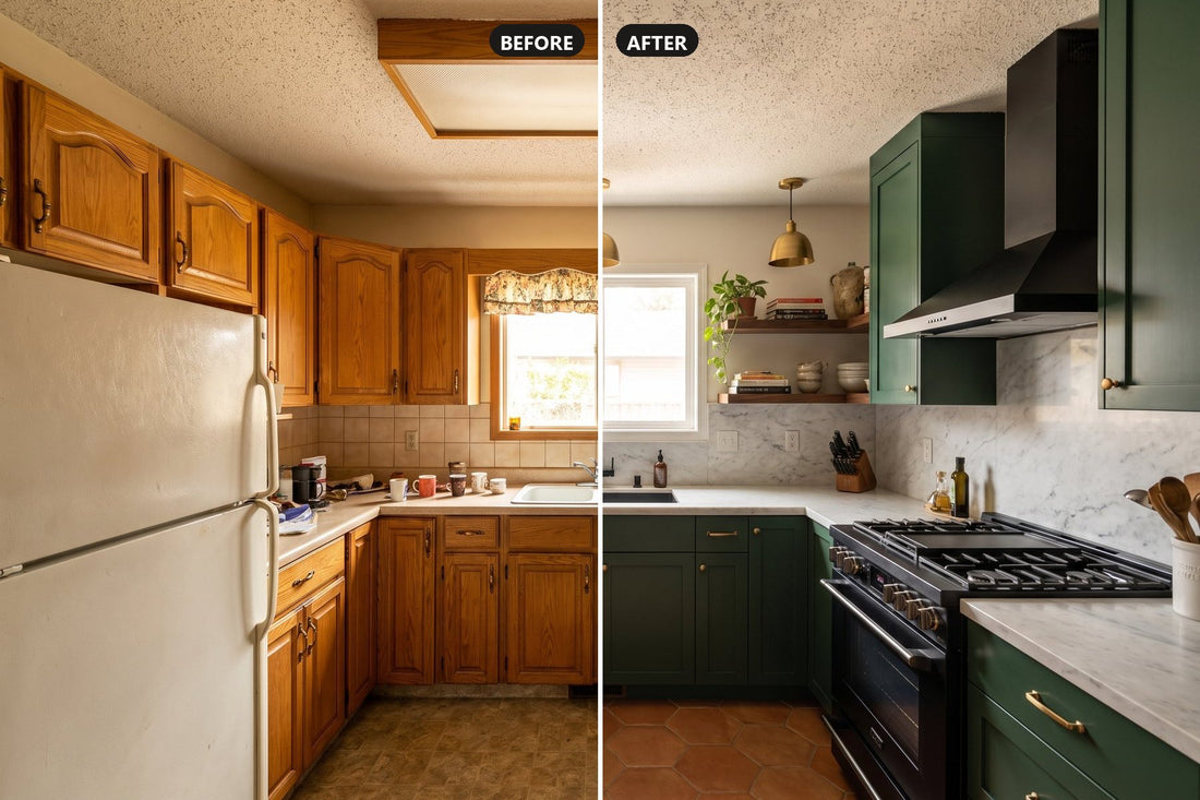 A kitchen split down the middle: dated honey oak cabinets on the left, deep green cabinets and marble on the right