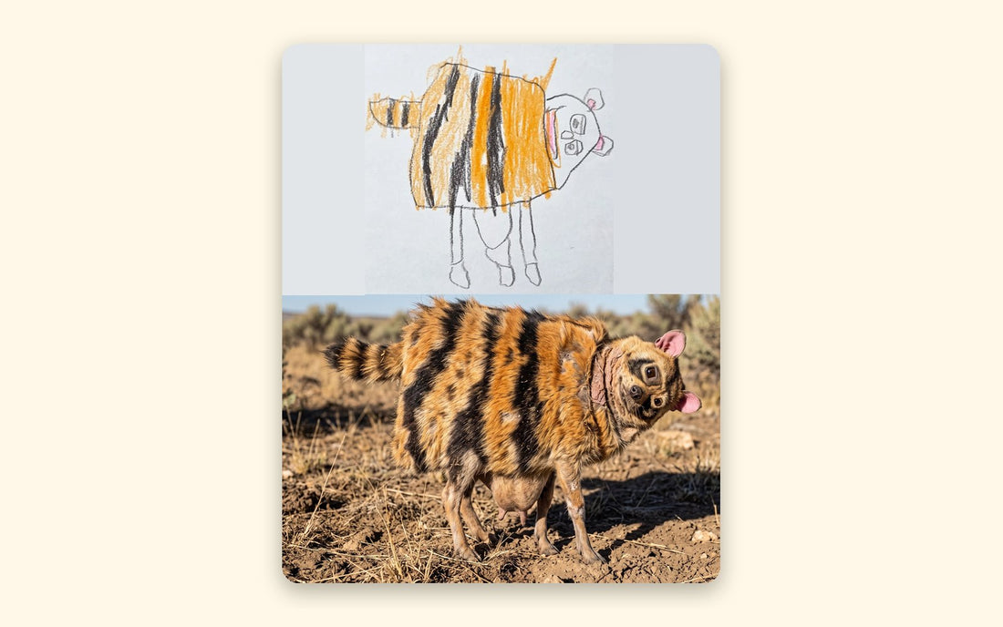 A crayon drawing of a striped creature with a tiny tilted face, above a realistic photo of the same creature in dry scrubland