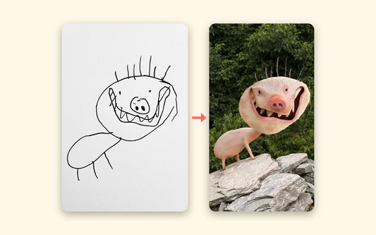 A child's pen drawing of a grinning pig-snouted creature beside a realistic photo of the same creature standing on a rock