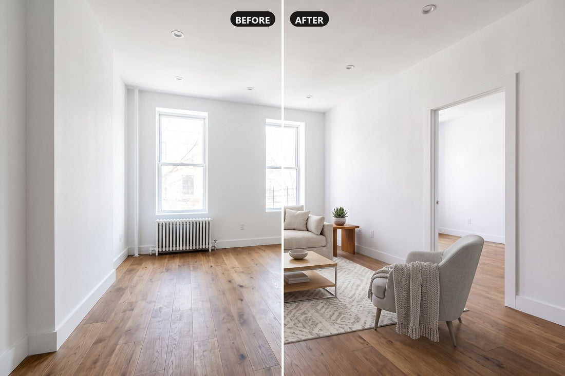 An empty living room split down the middle: bare on the left, virtually staged with a sofa, rug and armchair on the right