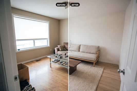 A living room split down the middle: the dated original on the left and the AI Japandi redesign on the right