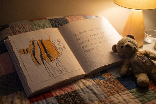 A handmade picture book open on a quilt at night with a child's crayon creature drawing and a handwritten story