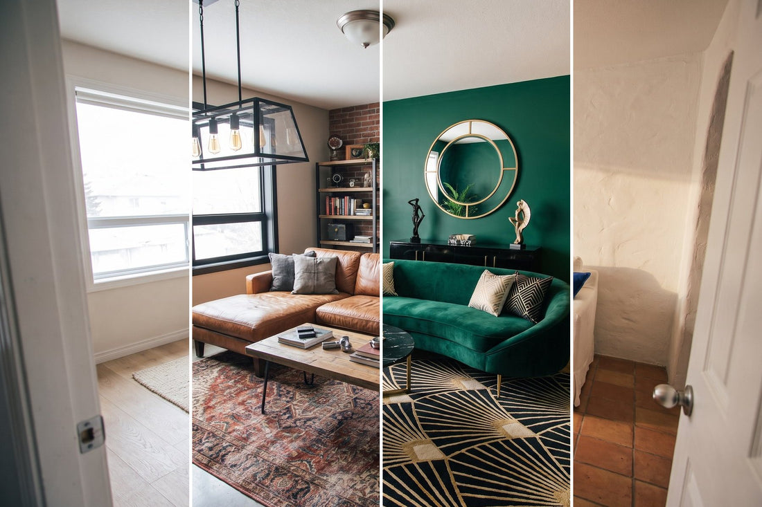 The same living room shown in four vertical slices: Japandi, industrial, Art Deco and Mediterranean styles