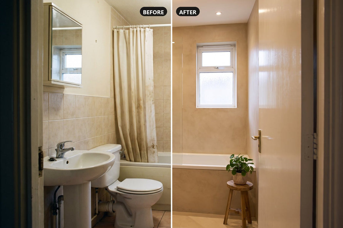A bathroom split down the middle: dated beige tiles on the left, a calm spa-like microcement redesign on the right