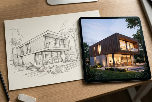 A pencil sketch of a modern house beside a tablet showing a photorealistic AI render of the same timber-clad house at dusk
