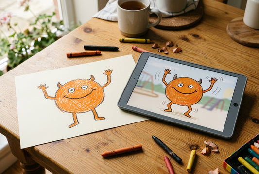 A child's crayon drawing of a smiling orange monster next to a tablet showing the same monster dancing