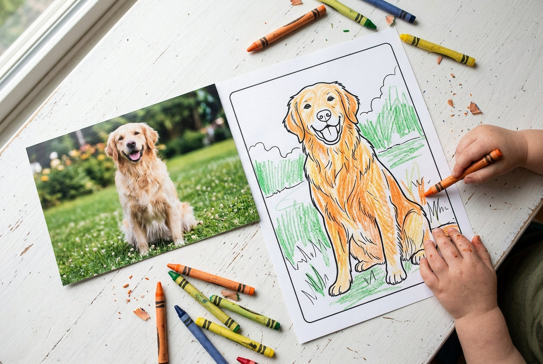 A photo of a golden retriever next to a printed coloring page of the same dog being colored with crayons by a child