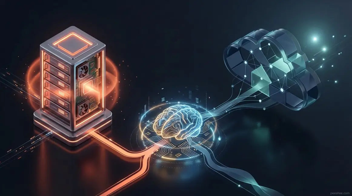 Digital brain connecting to server rack and cloud symbolizing n8n hosting choice