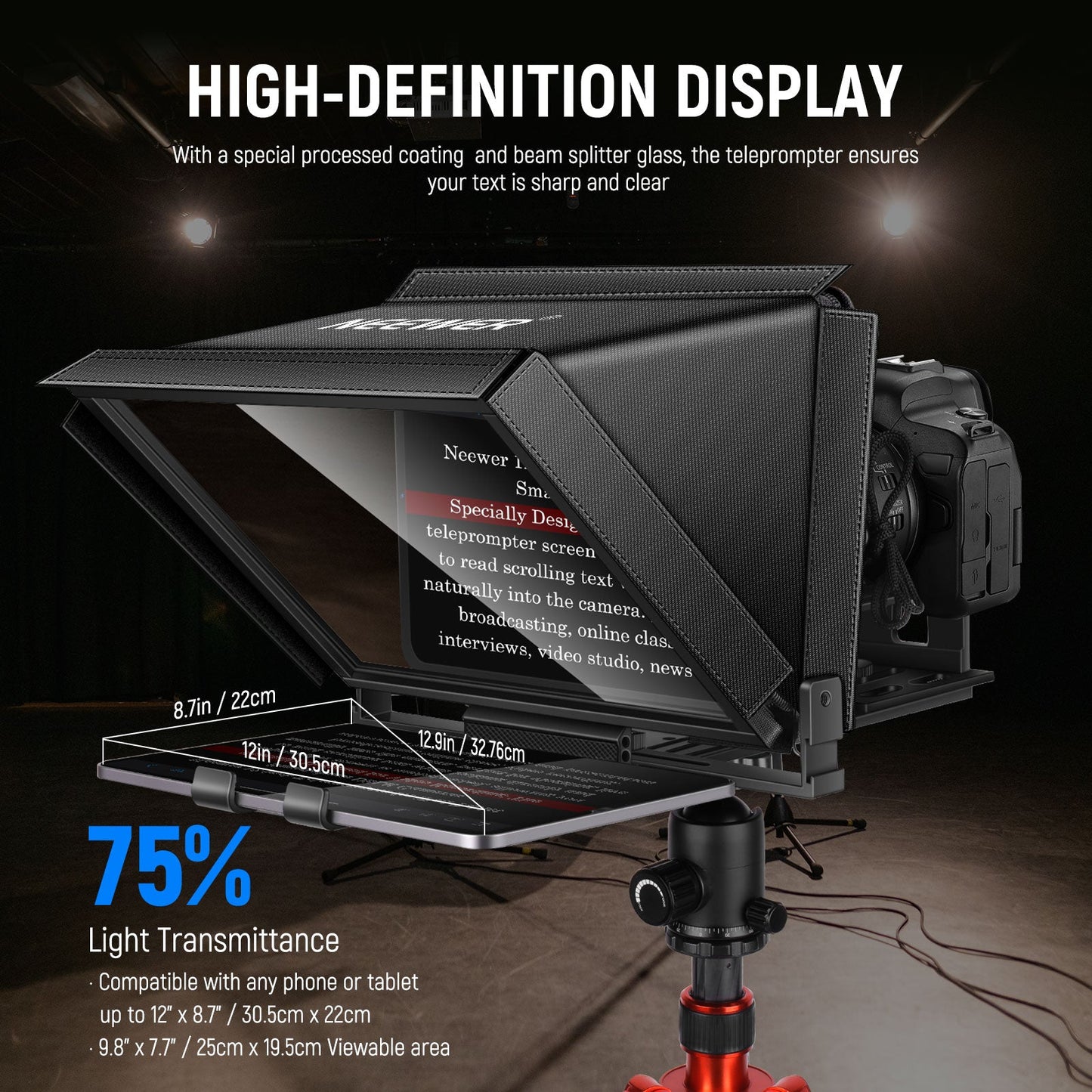 NEEWER X12B 12" Aluminium Teleprompter for iPad, Tablet & DSLR Camera screenshot 3 — PEESHEE Ai