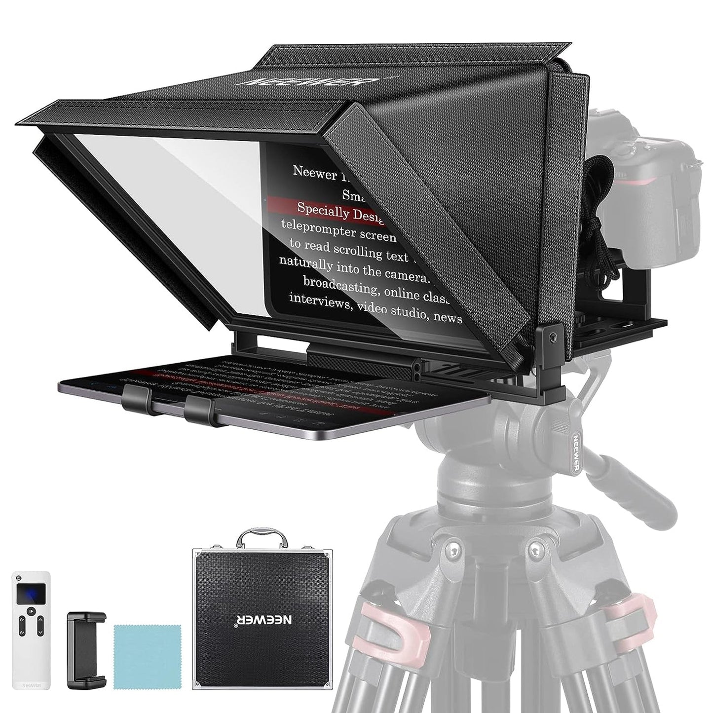 teleprompter studio monitor with teleprompter on a stand, featuring the brand 'Neewer'.