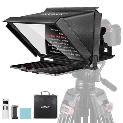 teleprompter studio monitor with teleprompter on a stand, featuring the brand 'Neewer'.