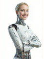 Woman wearing a robot costume with a white background, 1 post everywhere