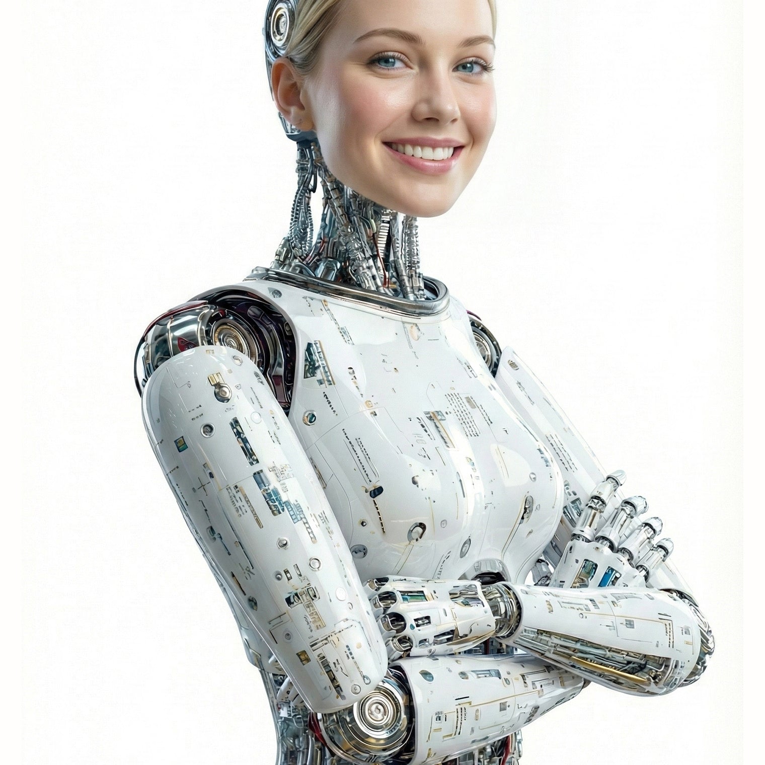 Woman wearing a robot costume with a white background, 1 post everywhere