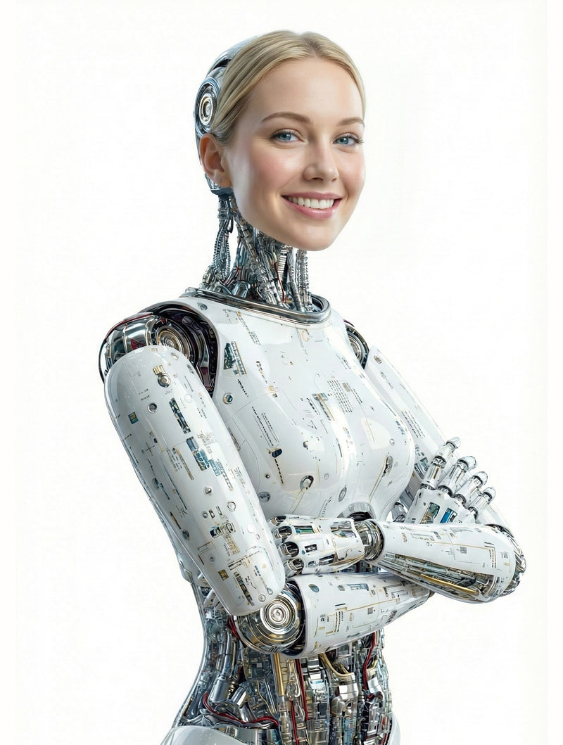 Woman wearing a robot costume with a white background, 1 post everywhere