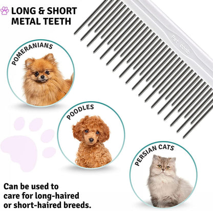 Detangling Pet Comb with Long & Short Stainless Steel Teeth for Removing Matted Fur, Knots & Tangles – Detangler Tool Accessories for Safe & Gentle DIY Dog & Cat Grooming (Grooming Comb)