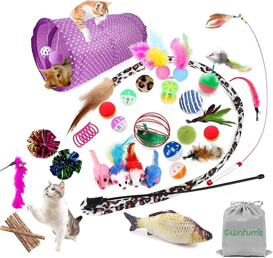 Ownfume 38 Pcs Cat Toys,Kitten Toys,Cat Toys Interactive Accessories for Indoor Cats,Cat Tunnel,Variety Teaser Wand with Feathers,Cat Toys for Kittens Biting,Catnip Fish,Mice,Balls for Cat Pet Lovers