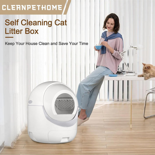 BCHARYA Cleanpethome Self Cleaning Cat Litter Box, Automatic Cat Litter Box with APP Control Odor Removal Safety Protection for Multiple Cats, AUTOCLEAN-1, White