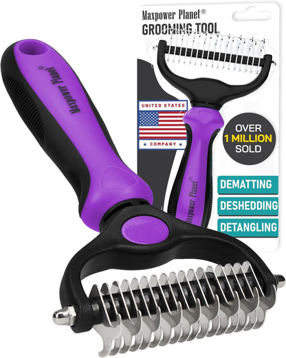 Maxpower Planet Pet Grooming Brush - Double Sided Shedding and Dematting Undercoat Rake Comb for Dogs and Cats,Extra Wide, Blue, Dog Grooming Brush, Dog Shedding Brush