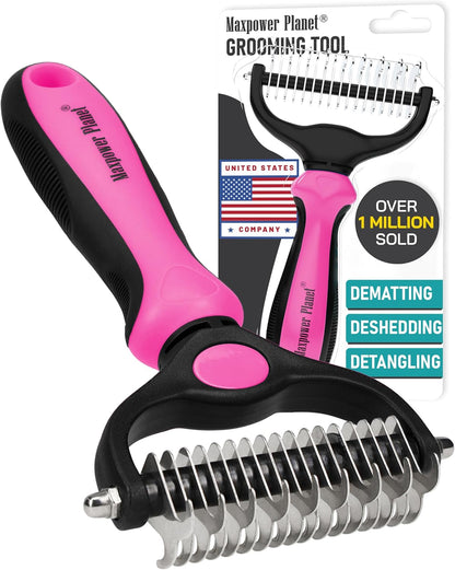 Maxpower Planet Pet Grooming Brush - Double Sided Shedding and Dematting Undercoat Rake Comb for Dogs and Cats,Extra Wide, Blue, Dog Grooming Brush, Dog Shedding Brush