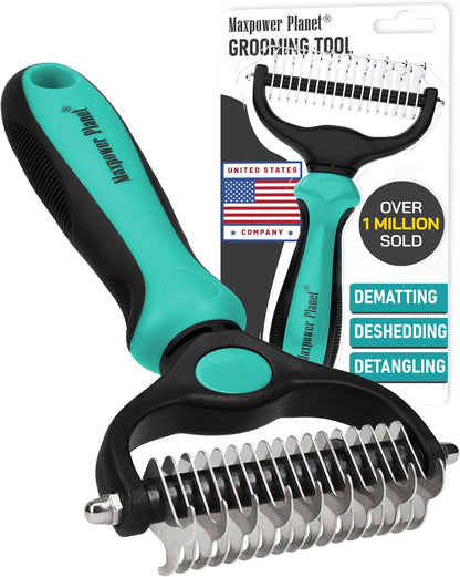 Maxpower Planet Pet Grooming Brush - Double Sided Shedding and Dematting Undercoat Rake Comb for Dogs and Cats,Extra Wide, Blue, Dog Grooming Brush, Dog Shedding Brush