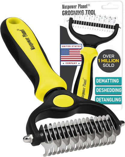 Maxpower Planet Pet Grooming Brush - Double Sided Shedding and Dematting Undercoat Rake Comb for Dogs and Cats,Extra Wide, Blue, Dog Grooming Brush, Dog Shedding Brush