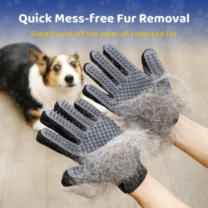 DELOMO Pet Grooming Glove - Gentle Deshedding Brush Glove - Efficient Pet Hair Remover Mitt - Enhanced Five Finger Design - Perfect for Dog & Cat with Long & Short Fur - 1 Pair