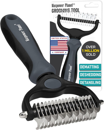 Maxpower Planet Pet Grooming Brush - Double Sided Shedding and Dematting Undercoat Rake Comb for Dogs and Cats,Extra Wide, Blue, Dog Grooming Brush, Dog Shedding Brush