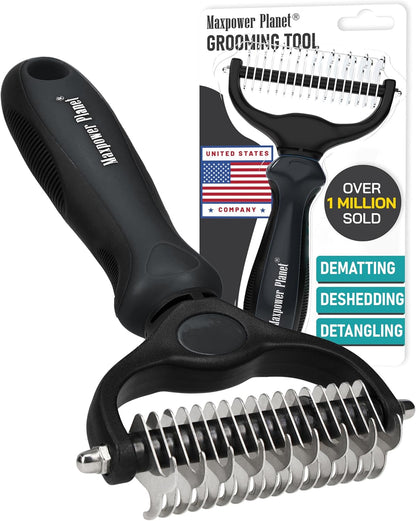 Maxpower Planet Pet Grooming Brush - Double Sided Shedding and Dematting Undercoat Rake Comb for Dogs and Cats,Extra Wide, Blue, Dog Grooming Brush, Dog Shedding Brush