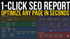 Promotional graphic for a '1-Click SEO Report' tool with colorful interface elements.