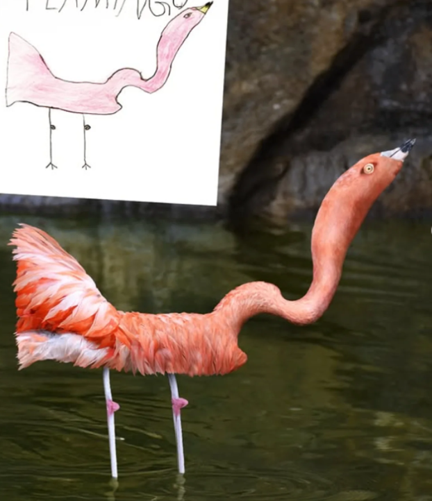 A child's drawing of an animal with one ear standing up and no second ear, beside the photographed version.