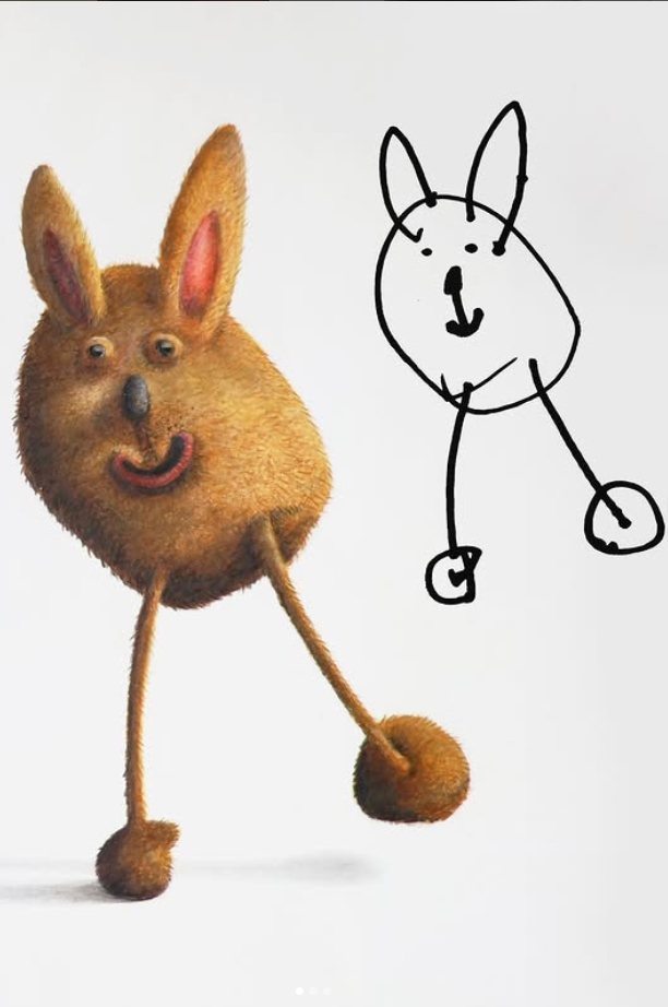 A child's drawing of a cow with six thin legs, beside a photograph of a cow with the same six thin legs.