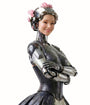 Statue of a woman with a robot-like upper body and floral headpiece on a white background
