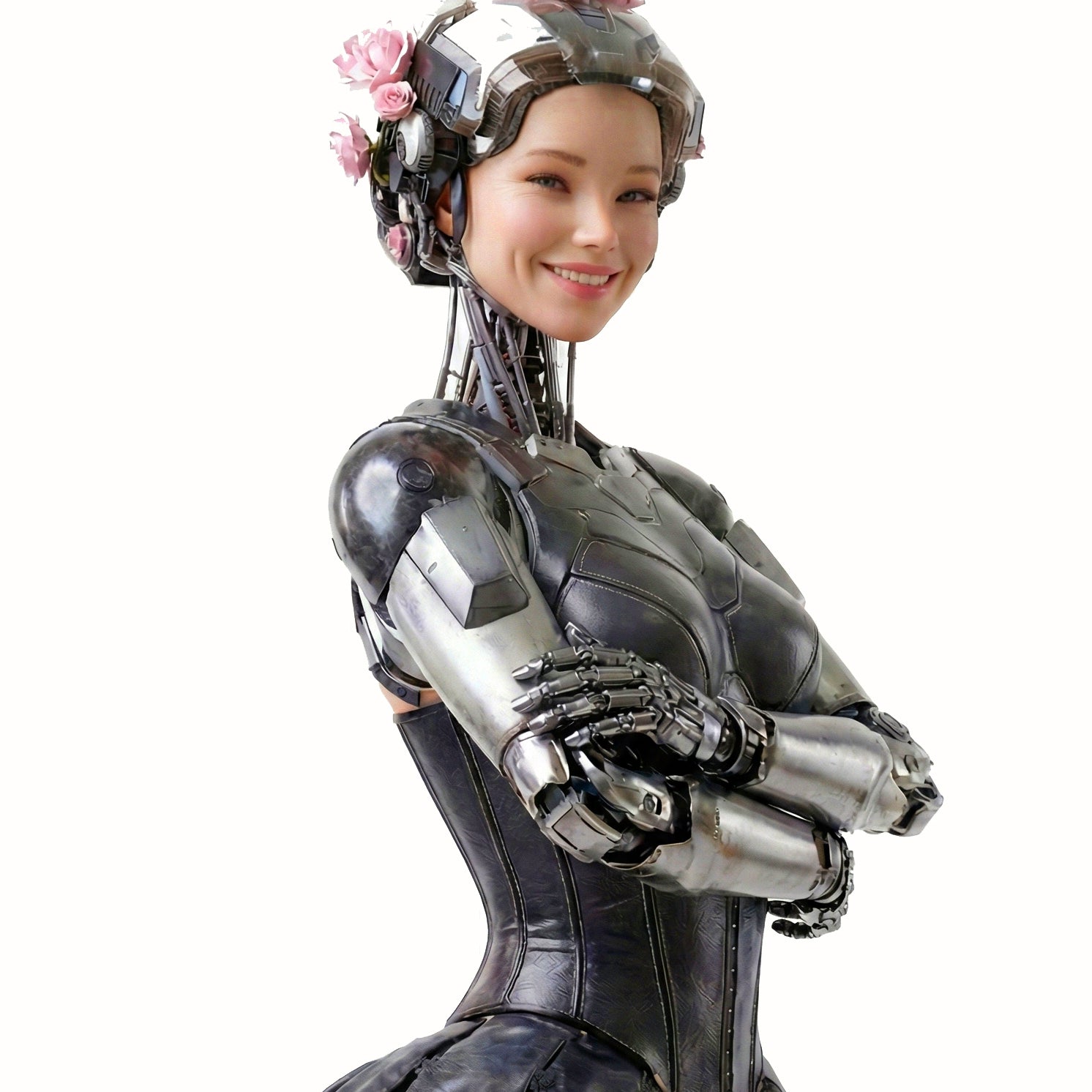 Statue of a woman with a robot-like upper body and floral headpiece on a white background