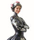 Statue of a woman with a robot-like upper body and floral headpiece on a white background